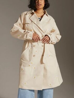 Anthropologie Maeve Daisy-Embroidered Cream Trench Coat